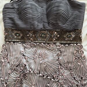 Sue Wong Gray and Pink Beaded Strapless Dress